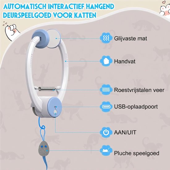 Gedetailleerde illustratie van het katten deurhanger speelgoed met labelteksten in het Nederlands. 'Automatisch interactief hangend deurspeelgoed voor katten'.