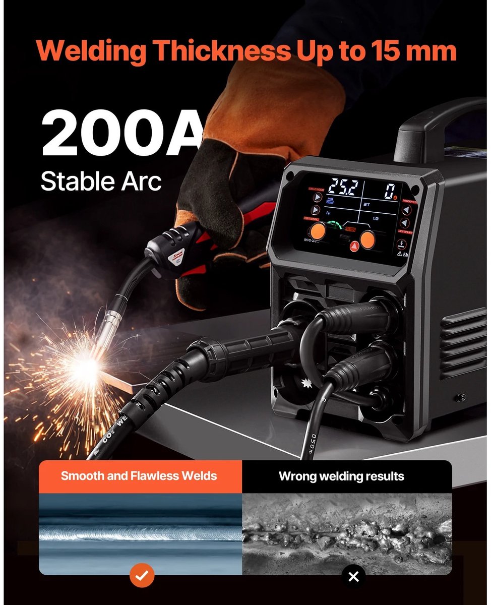 5-in-1 MIG-lasapparaat 200 Amp - Pluse Mig-lasmachine - Gas MIG - Flux Core MIG - Stick - Lift TIG - AU TIG met LCD-scherm – foto 3