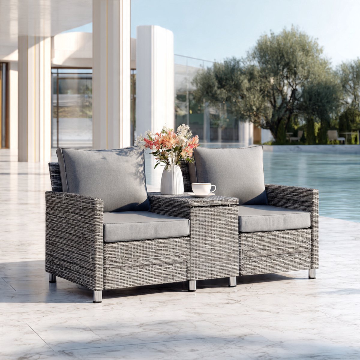 Luxe Rattan Tuinbank 2 Personen met Tafel – Polyrattan Balkonbank met Geïntegreerde Glazen Bijzettafel & Kussens-Mobili Bella