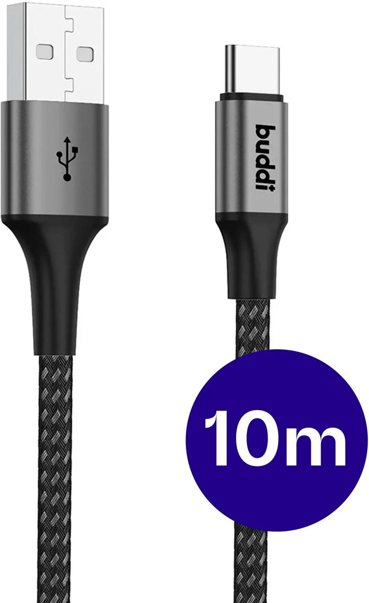 Buddi Flex | USB-A naar USB-C Kabel 12W Fast Charge 5V/2.4A | 480Mbps Dataoverdracht | Lange Kabel | Gevlochten Nylon | 10M | 10 Meter | Zwart