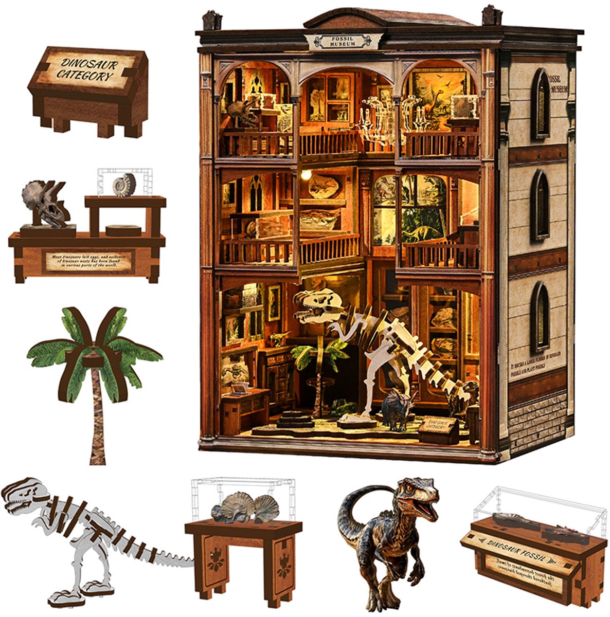 Meedeer DIY Book Nook Kit-Fossielenmuseum-Met LED-DIY poppenhuis-Model bouwen huis met decoraties-Knutselsets voor volwassenen-Verjaardagscadeau Kerstmis