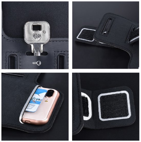 Collage van details: sleutelvak, klittenbandsluiting, smartphonehouder, telefoonsleuf.
