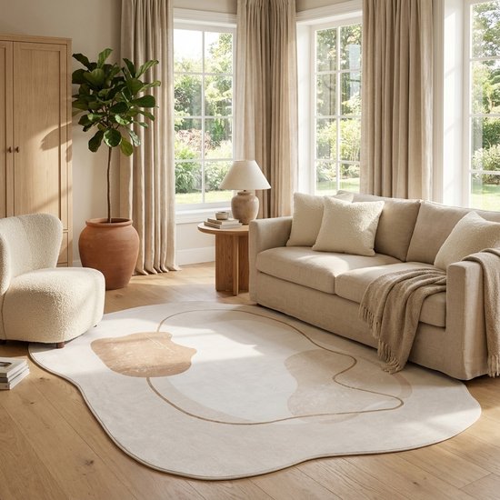 Tapiso Wisp Vloerkleed Organische Vorm – Beige Laagpolig Japandi Design – Tapijt Woonkamer Slaapkamer Hal Gang – Antislip 140x200