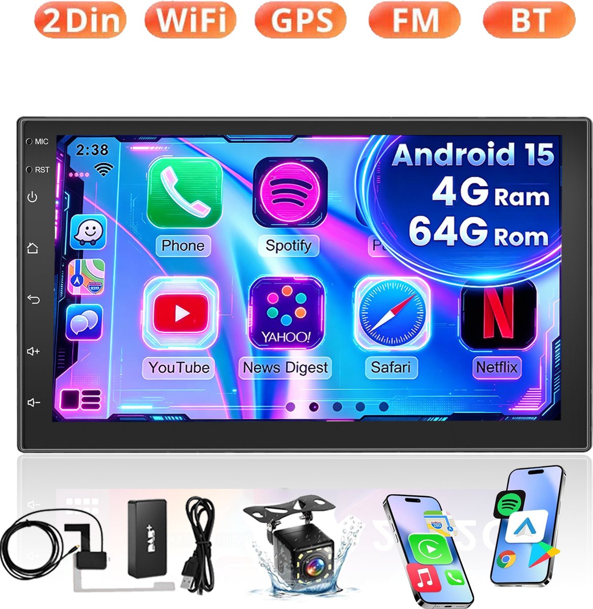 ESSGOO DAB+ Autoradio 2Din Universeel - Android 15 - Apple Carplay & Android Auto (Draadloos) - 7 Inch HD Touchscreen - 4+64GB - GPS Navigatiesysteem - USB, WiFi, Bluetooth - 12 LEDs Achteruitrijcamera