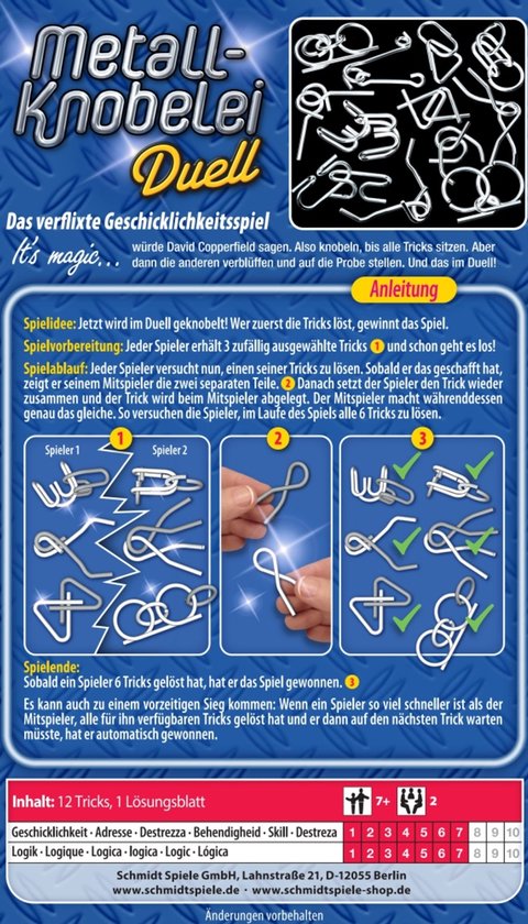 Achterkant van de doos van 'Metall-Knobelei Duell'. Toont spelregels, 12 metalen puzzels en spelindicatie 7+.
