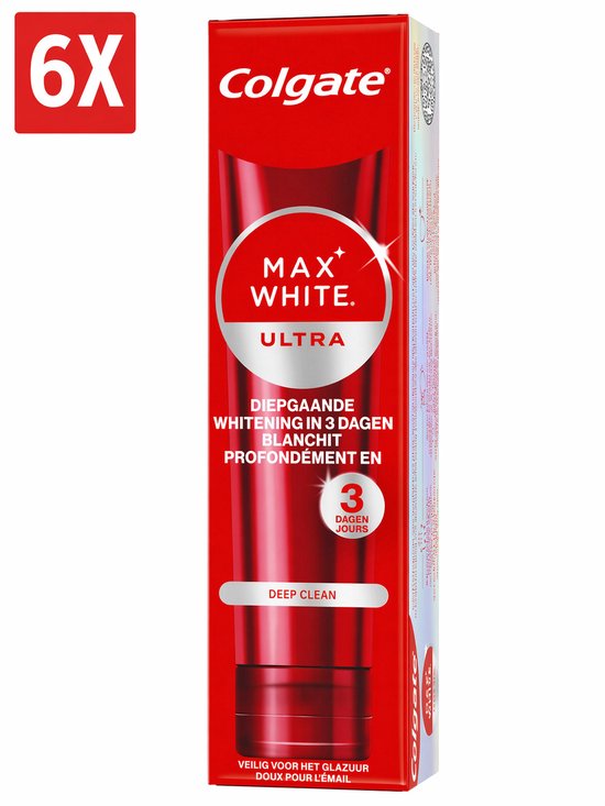 6x Dentifrice Colgate Max White Ultra dans un tube rouge. Avec l'inscription 'Deep Clean' et Blanchiment 3 Jours.
