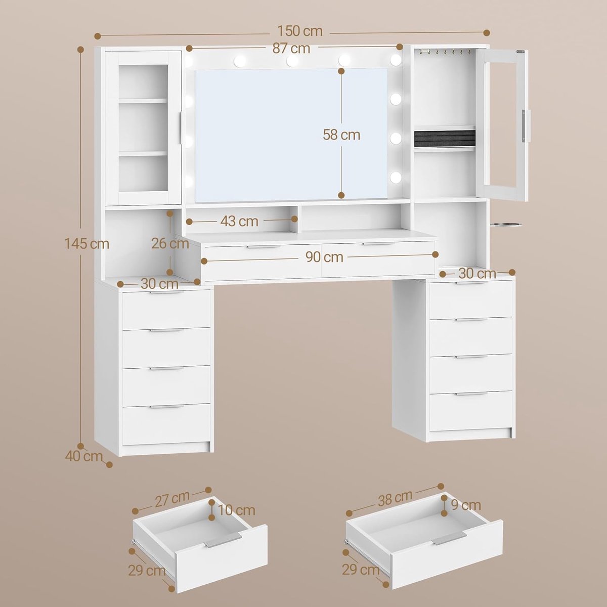 Make-uptafel met LED Verlichting en Stopcontact – Luxe Kaptafel 150 cm met Spiegel, 10 Lades, Sieradenopslag en USB Aansluitingen – Dimbaar Licht, 3 Kleurstanden – Moderne Witte Make-uptafel – abtkantoor