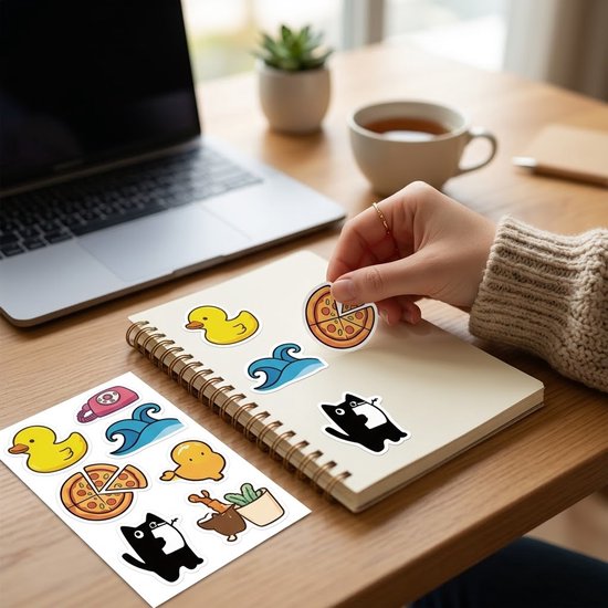 Un carnet avec des autocollants de canard, vagues, chat noir, pizza et un pot avec une plante en pot.