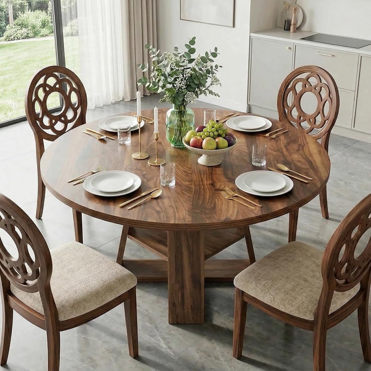 Uitschuifbare Ronde Eettafel Walnoot 110–150 cm met Kruisvoet en Opbergplank – Ruimtebesparende 4-8 Persoons Eettafel voor Keuken, Eetkamer en Woonkamer 110x110x75 cm