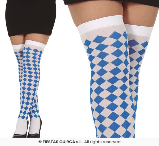 Hoge kousen met een blauw-wit ruitpatroon, tot boven de knie.