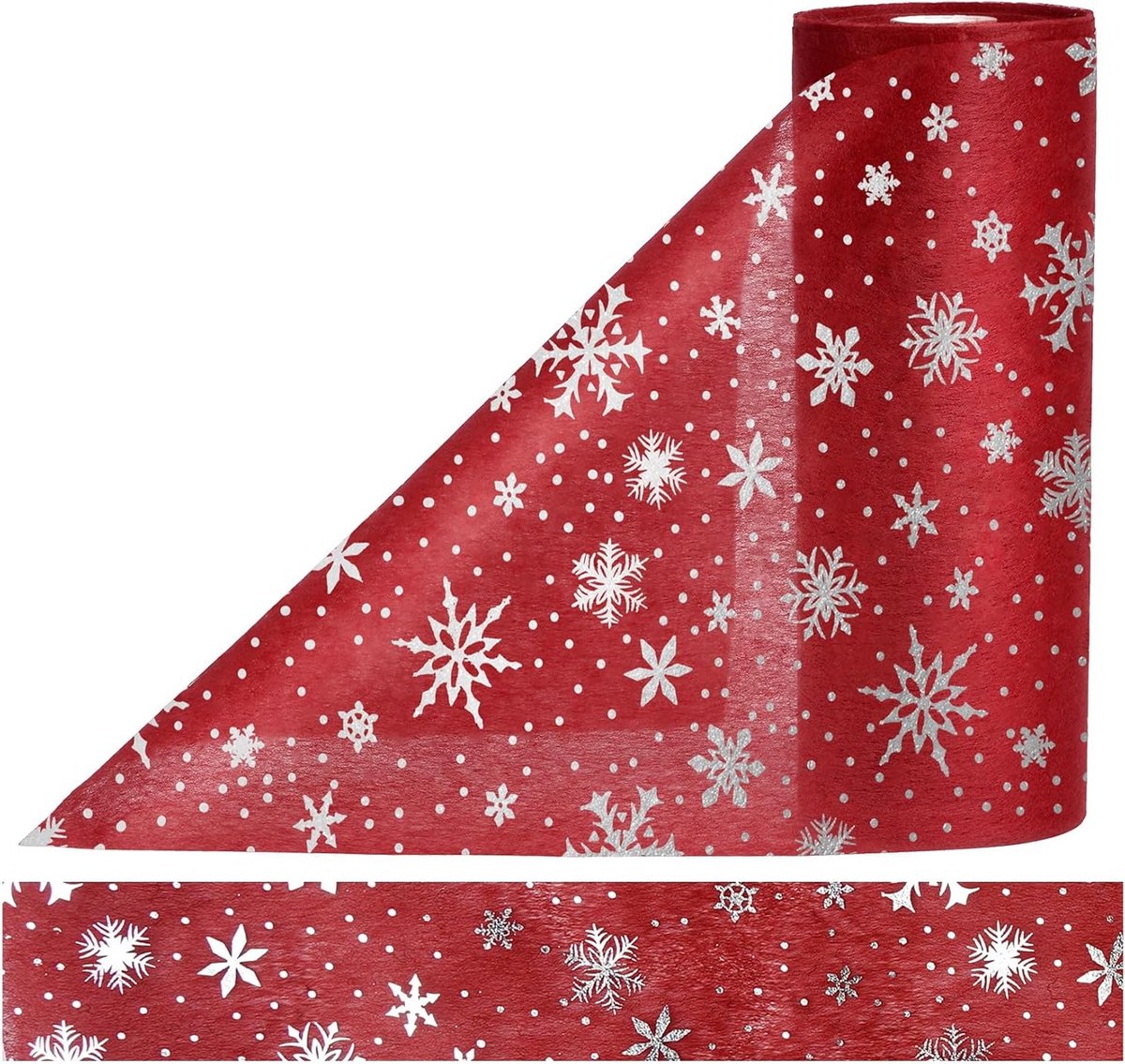Rode Tafelrunner 30m x 23cm - Non-Woven Tafeldecoratie met Zilveren Sneeuwvlokken voor Bruiloft, Kerst en Feestjes