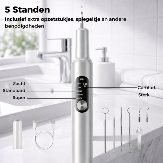 Zilveren ultrasonische tandsteenverwijderaar met 5 standen: Zacht, Comfort, Standaard, Sterk, Super. Inclusief tools en kabel.