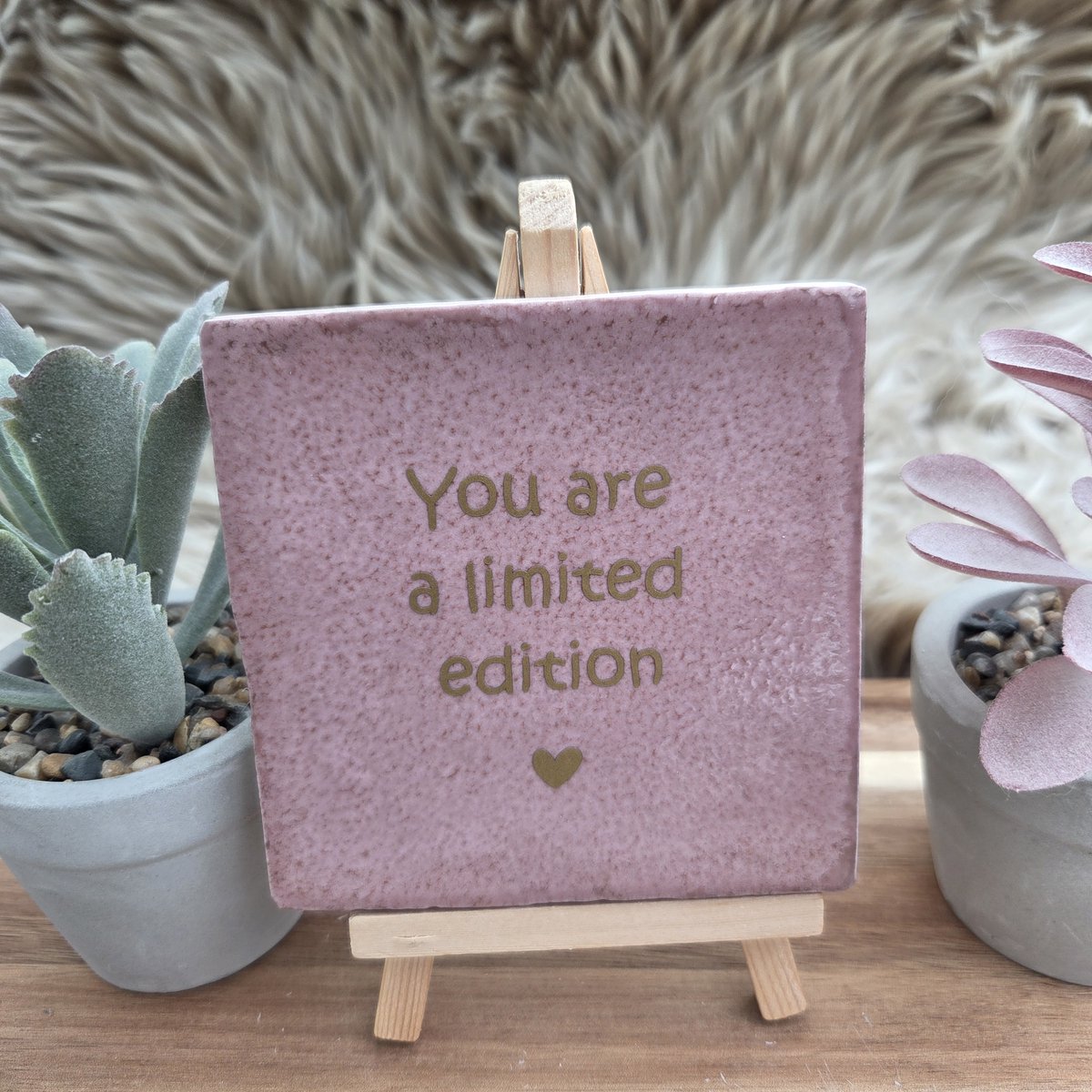Robuust Wenstegeltje – You Are a Limited Edition – Hip trendy tegeltje – Uniek Cadeau voor Vriendin, Juf, Tante, Zus of Collega – Stijlvolle Woondecoratie met Boodschap – Trendy nu – Decoratief Tegeltje met Standaard – Cadeau Idee