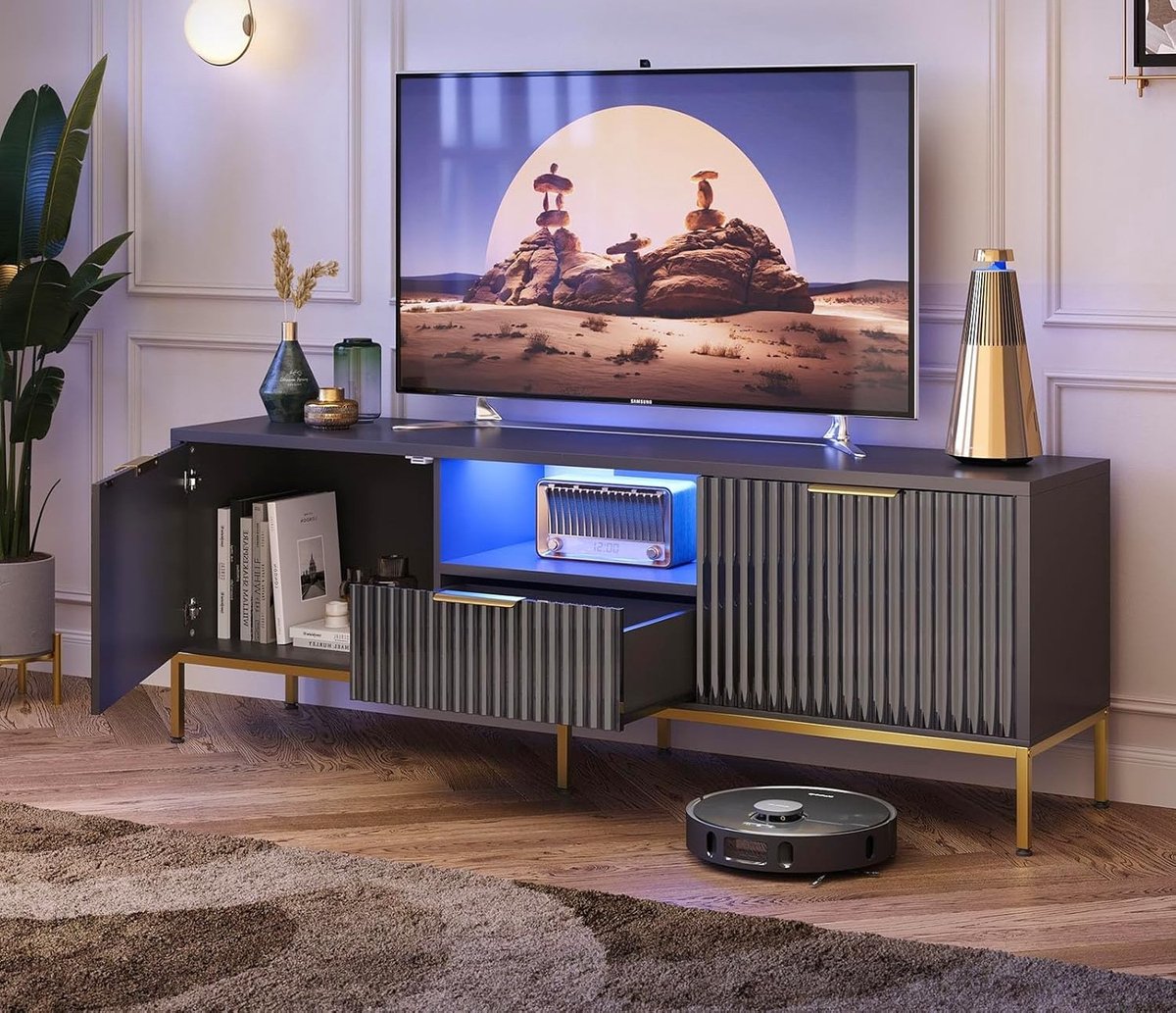 TV meubel 180x35x52 cm – LED entertainment center met acryl deuren & glazen planken – TV kast voor 80 inch PS5 gaming modern design – Urbanhome