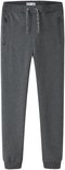 Donkergrijze joggingbroek met koordjes, twee ritszakken en boorden aan de onderkant.