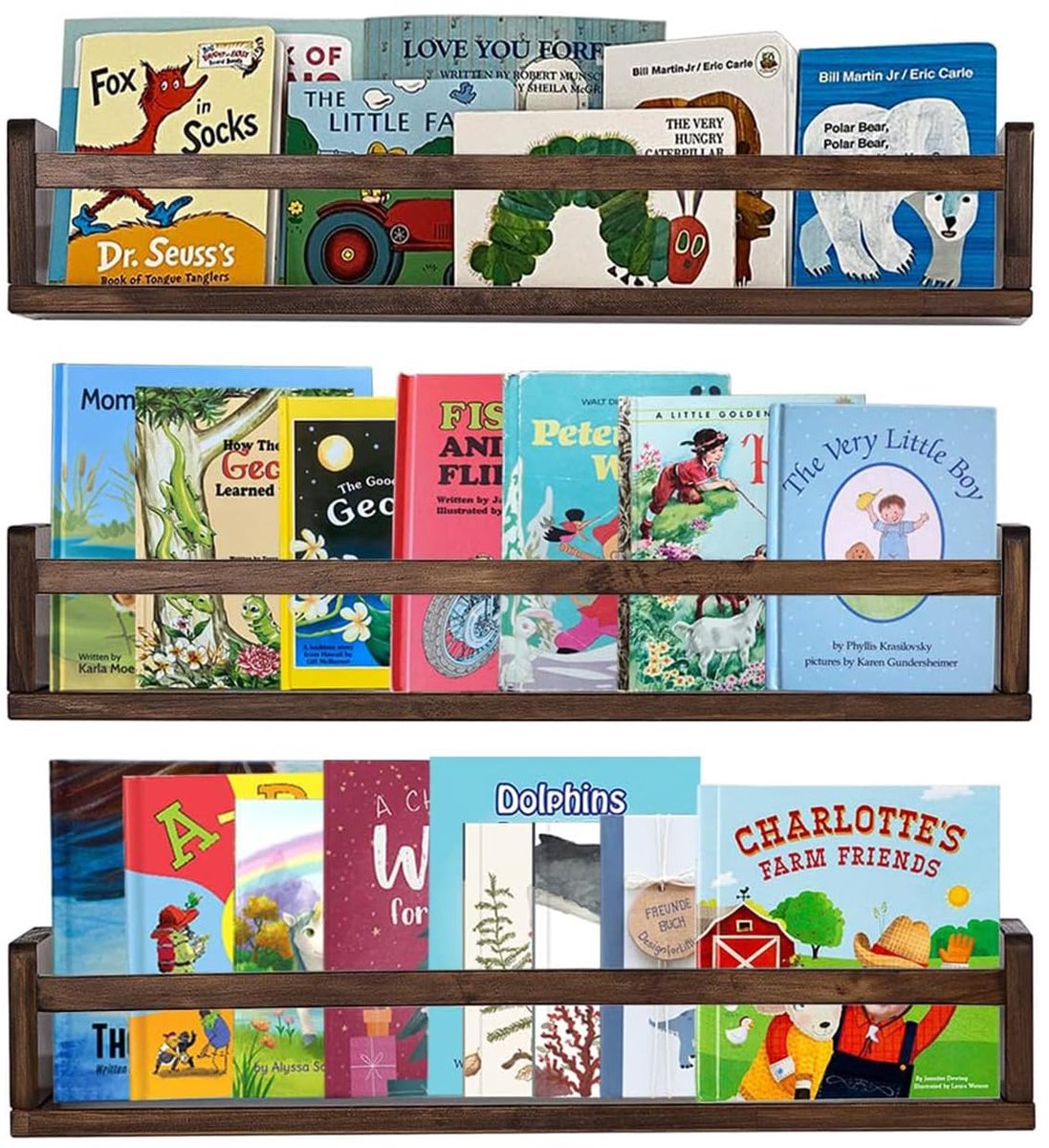 3 stuks babykamerplanken - 42 cm zwevende boekenplanken voor aan de muur - Babykamerdecoratie - Massief houten wandplanken voor boeken (bruin)
