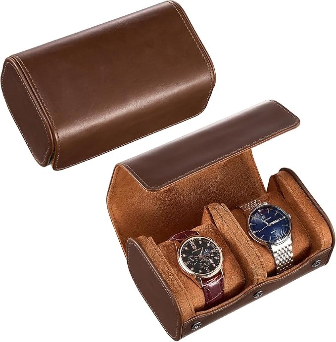 Horloge Etui geschikt voor 2 horloges - Horloge Doos - Voor Horloge - Horlogedoos - Watch Roll - Horloge Houder Sieradendoos - Heren - Smartwatch Reis Etui - Horloge Travel Case - Horlogedoos - Horloge Opbergdoos Heren - Horloge Houder - Bruin