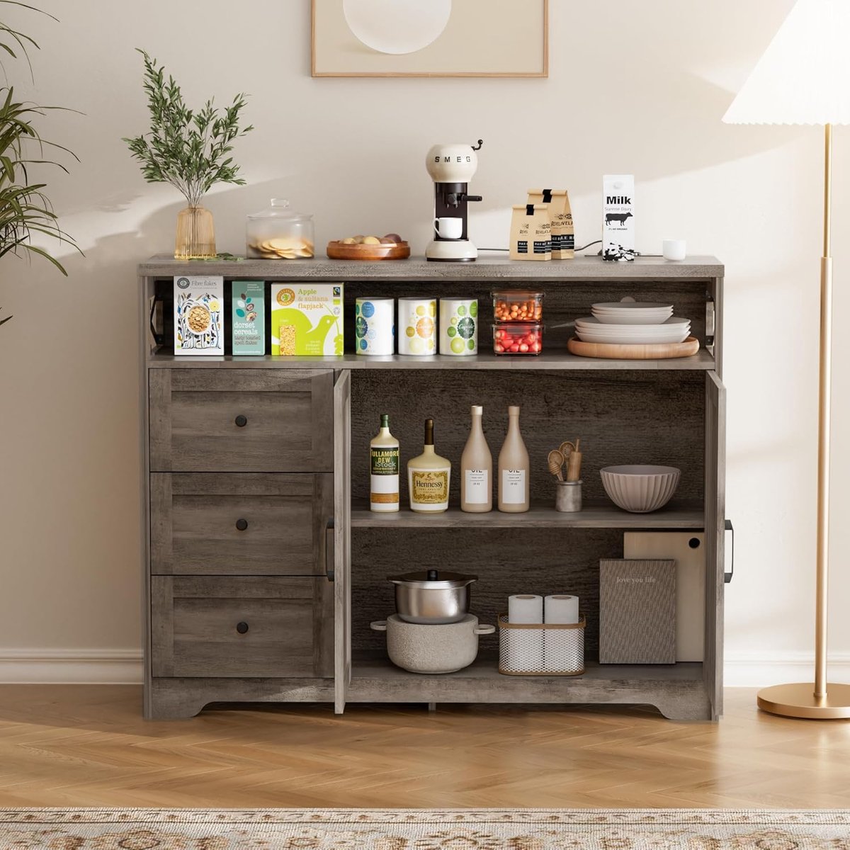 Dressoir 120 x 35 x 95 cm Sideboard Kast met 3 Lades en 2 Deuren met Open Vak Moderne Buffetkast Opbergkast Keukenkast Coffee Bar Kast Grijs Houtlook Landelijke Stijl Urbanhome