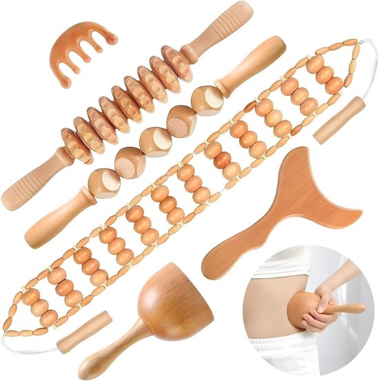 Outils de massage en bois : rouleaux, peigne, grattoir et ventouse.