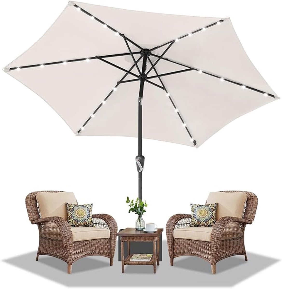 Ronde Tuinparasol Ø350 cm – Luxe LED Parasol met Zonnepaneel, Kantelbaar, Zwengel, UV 50+ Bescherming, Waterafstotend, Grote Marktparasol voor Tuin & Terras – Nicolehome