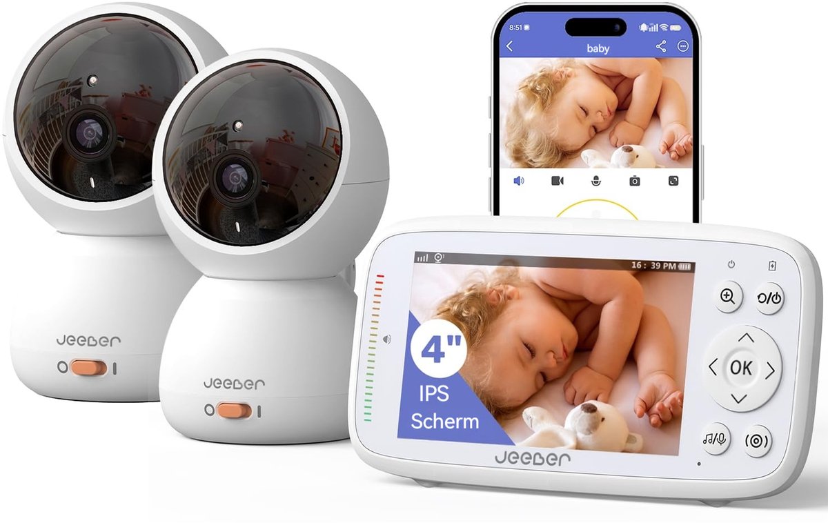 Wifi Babyfoon met 2 Camera's en Audio - Pan-Tilt-Zoom-Videocamera - 4-Inch IPS-Scherm - HD-Nachtzicht - Bewegings- en Huilherkenning - 360°-Beeld - Temperatuursensor - Voedingsherinnering - Slaapliedjes