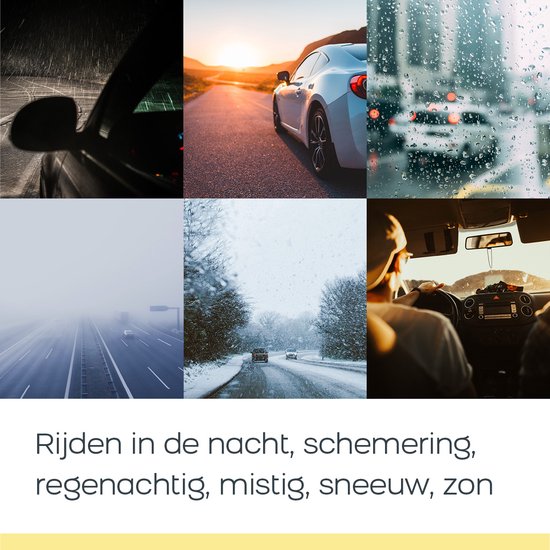 Gele nachtbril met donkere glazen, die op een auto wordt gedragen voor nachtelijk rijden, met regen op de voorruit.
