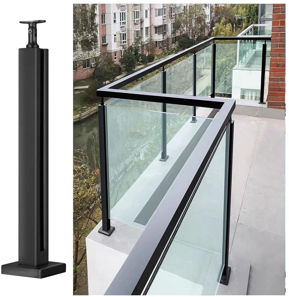 Glazen Balustrade Paal - Glazen Reling Systeem - Balkon Afschermen - Zonder Boren Montage - 115 cm Hoog - Zwart