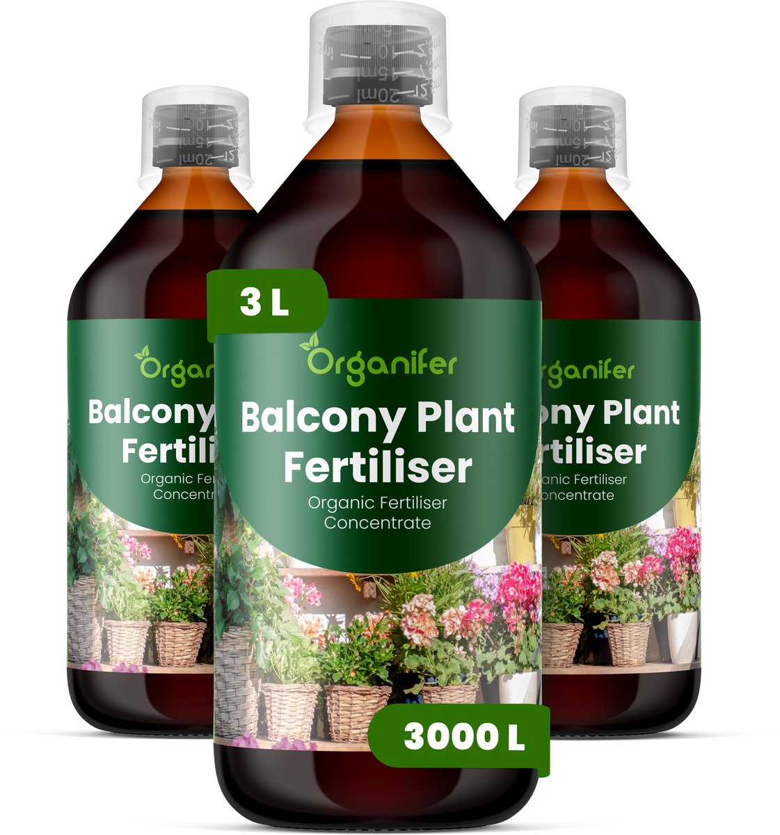 Vloeibare Meststof Voor Balkonplanten 3X1 L Voor 3000 L - Npk 2-1-8 - Balkonplanten - Bloemproductie - Lange Bloeiperiode - Volle Plantstructuur - Windbestendig - Hittebestendig - Droogtetolerantie - Sterke Wortels - Balkonbakken - Organifer