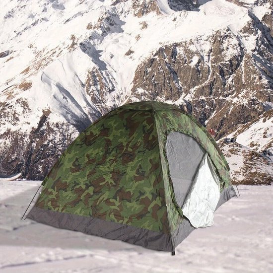 Tent-Camping tent-1-Persoons-(180x90)cm Woodland Patroon- Opvouwbaar, Mesh Ventilatie, Weerbestendig-Opbergruimte en 4 Haringen - Ideaal voor Alle Seizoenen. van Obelink — afbeelding 2