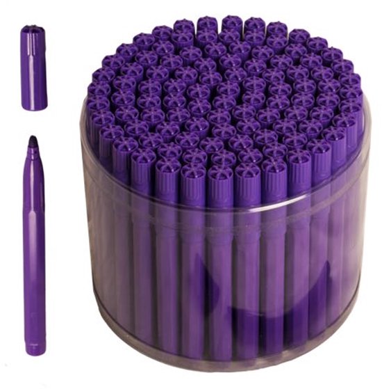 Een pot met 100 paarse stiften. Een paarse stift en dop staan ernaast.