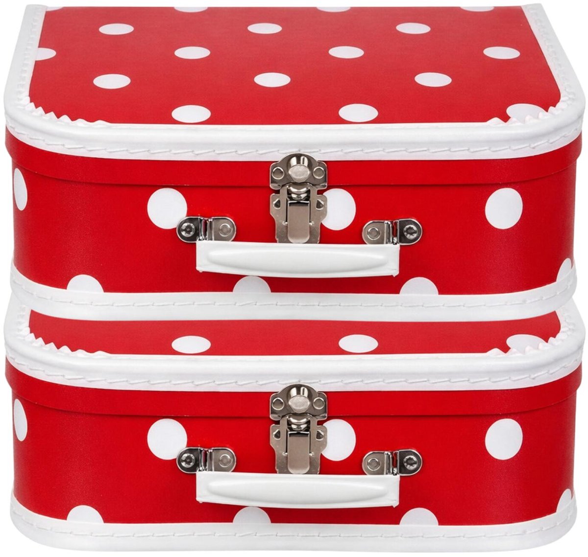 Kinderkamer opberkoffer polkadot - 2x - rood / wit - 30 cm - karton - kinderkoffer - speelkoffer