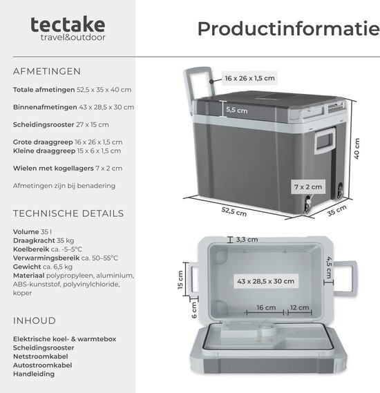 tectake® Elektrische Koelbox - 35 Liter - Warmhoud Box Met Handvat en Wielen - 12V & 230 Volt Aansluiting - Auto Thermobox met Scheidingsrooster - Camping Koelkast - Koelen en Verwarmen van Merkloos — afbeelding 4