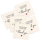 Vijf beige bedankkaarten op een witte achtergrond, elk met de tekst "A little card to say a big thank you" en een rood hartje.