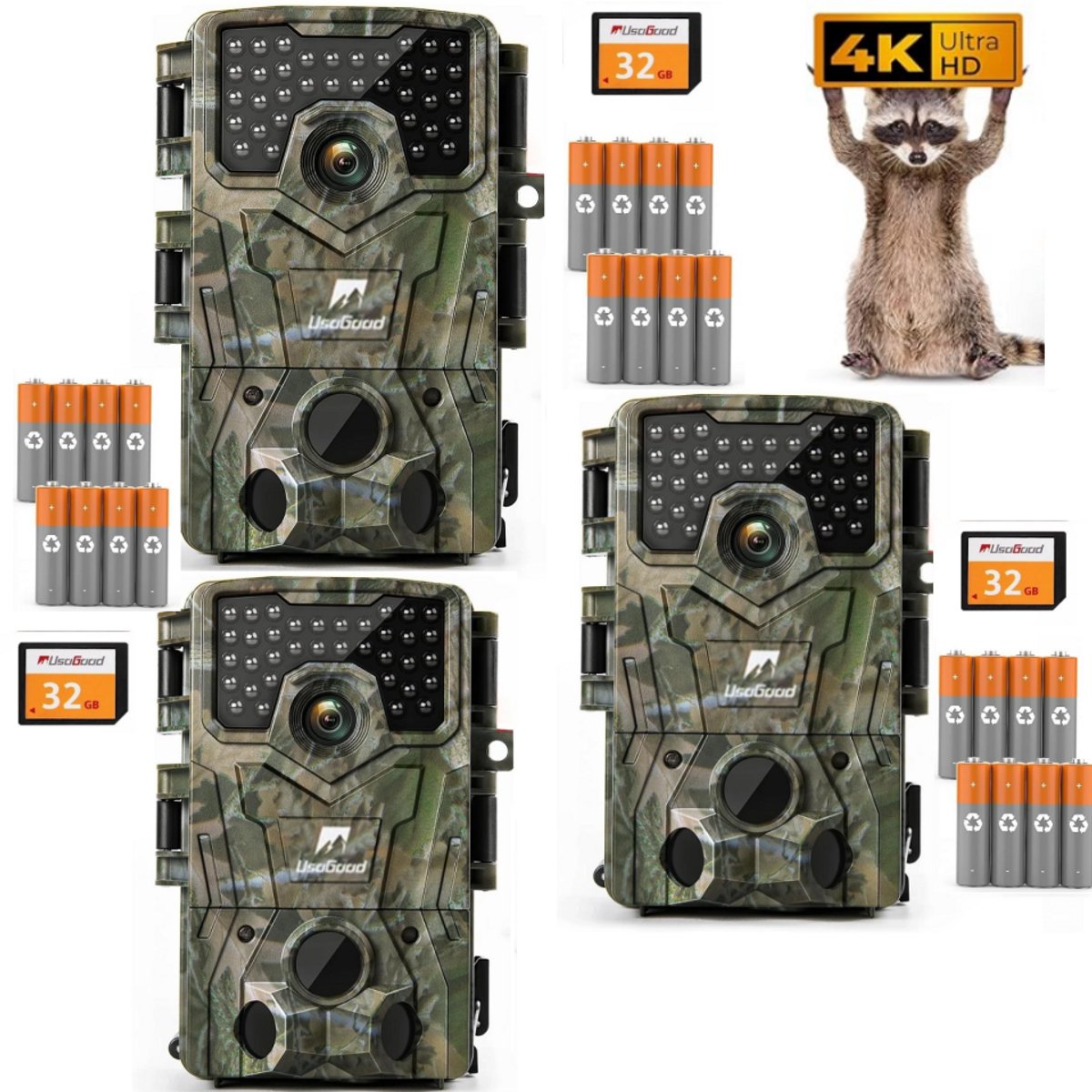 Usogood Wildcamera met Nachtzicht voor Buiten - 4K Ultra HD 48MP - Incl. 32GB SD & 8 Batterijen - Trail Camera - Wildcamera voor Buiten / Wildlife Camera - 3 Stuks