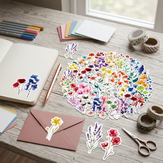 Une table en bois avec un carnet, des autocollants de fleurs, des stylos, du ruban washi et une enveloppe ornée d'une fleur jaune.