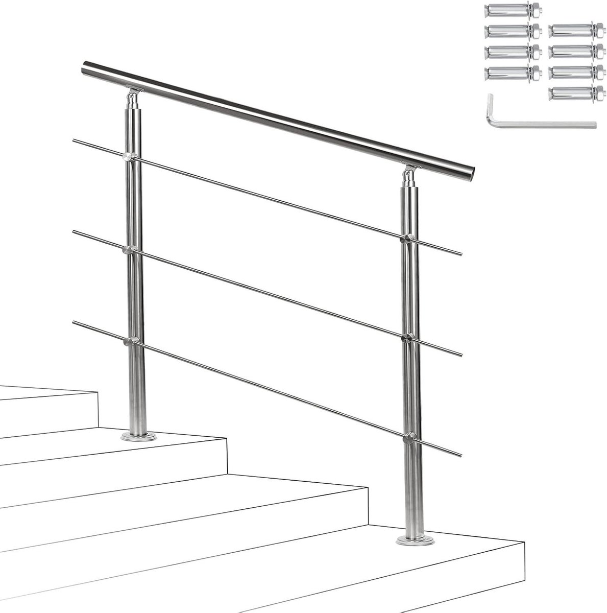 Trapleuning Buiten - Balkonhek Balustrade - Veilig Traplopen - Hoekverstelbaar - 150 cm - Roestvrij staal