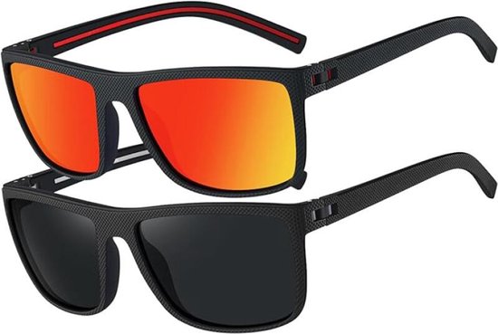 Zonnebril - 2 stuks - Sunglasses - Gepolariseerd - Fietsbrillen - Sportbrillen - Festival bril - Zomertrend - Heren & Dames - Zwart en Oranjerood
