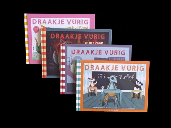 Vier boeken van Draakje Vurig, met kleurrijke kaften. Twee boeken hebben de titel 'Draakje Vurig en het feest' en 'Draakje Vurig en het vuur'.