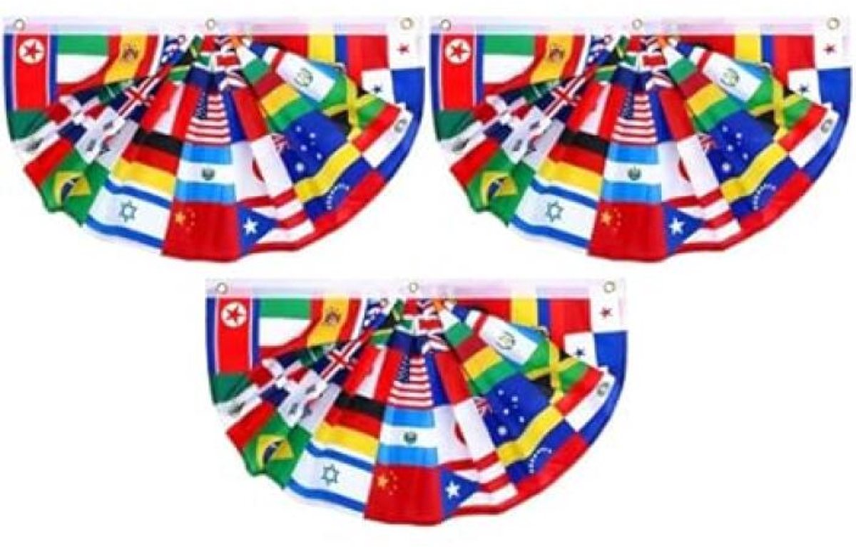 WK Bal 2026 Vlag Bunting - 3 stuks - Geplooide waaiervorm - Wereld landen vlaggen - WK voetbal versiering - met 3 ringen - polyester - 90x45cm