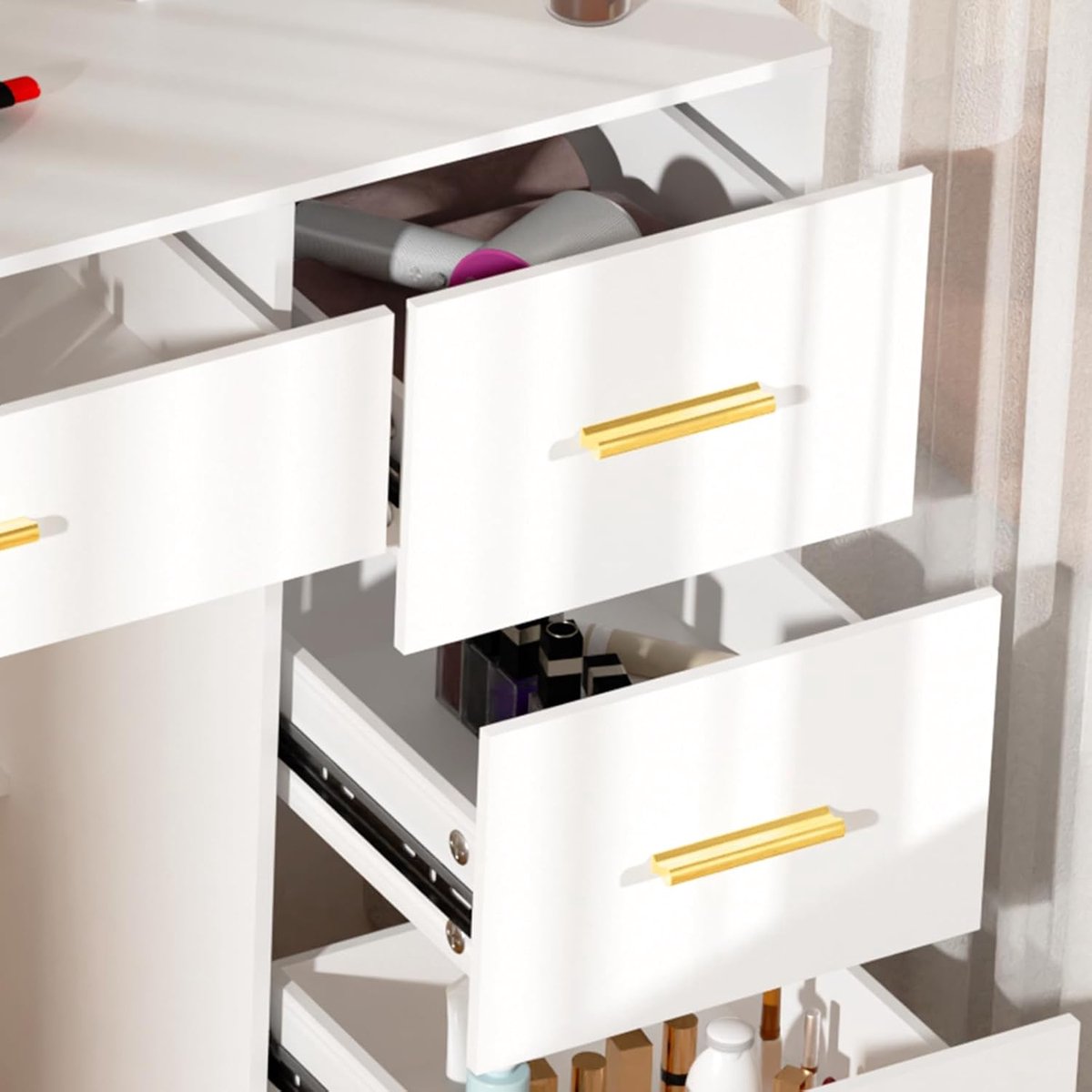 Make-uptafel met LED-verlichting en Spiegel – Hollywood Schminktisch met 10 Dimbare Lampen, 3 Lichtkleuren, 5 Lades, Open Opbergvakken en Schuifrails – 130x80x36 cm – Modern Kaptafel Dressing Table – abtkantoor (Kleur 24)