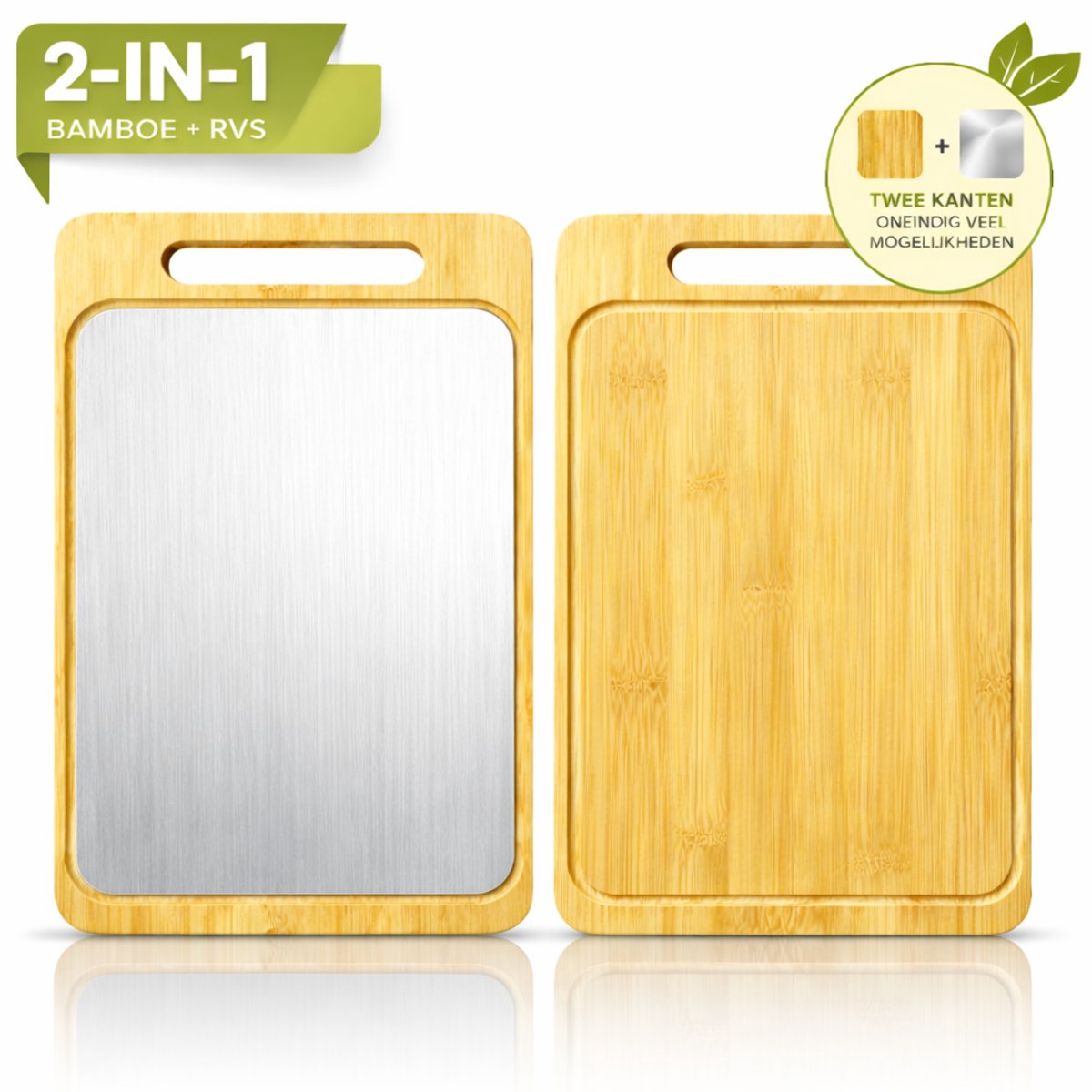 Houten Snijplank Bamboe Dubbelzijdig – Met RVS Snijvlak – 36 x 25 cm