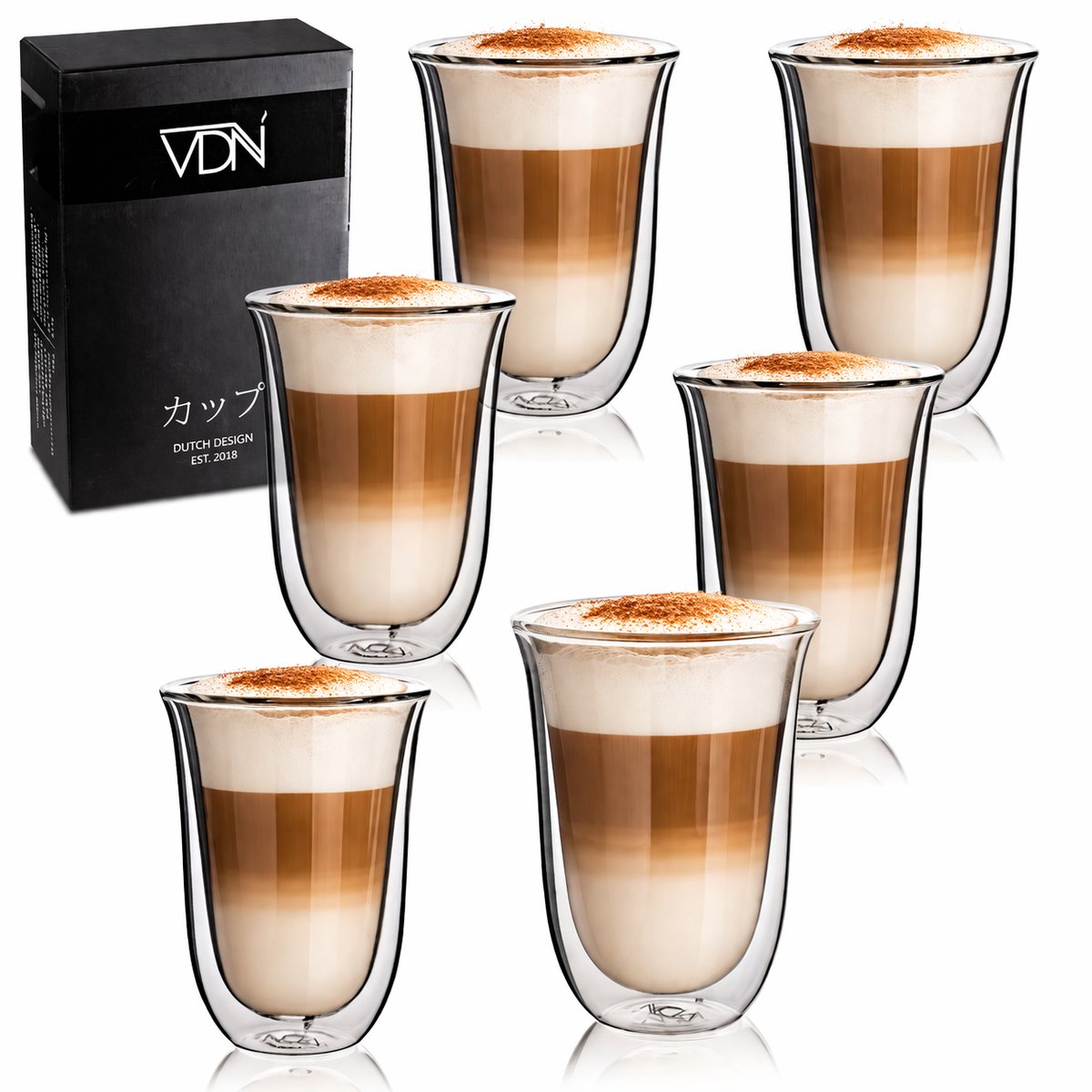 Bol.com VDN Dubbelwandige Koffieglazen 300 ml - Theeglazen Set van 6 - Handgeblazen Latte Macchiato Glazen Koffietassen aanbieding