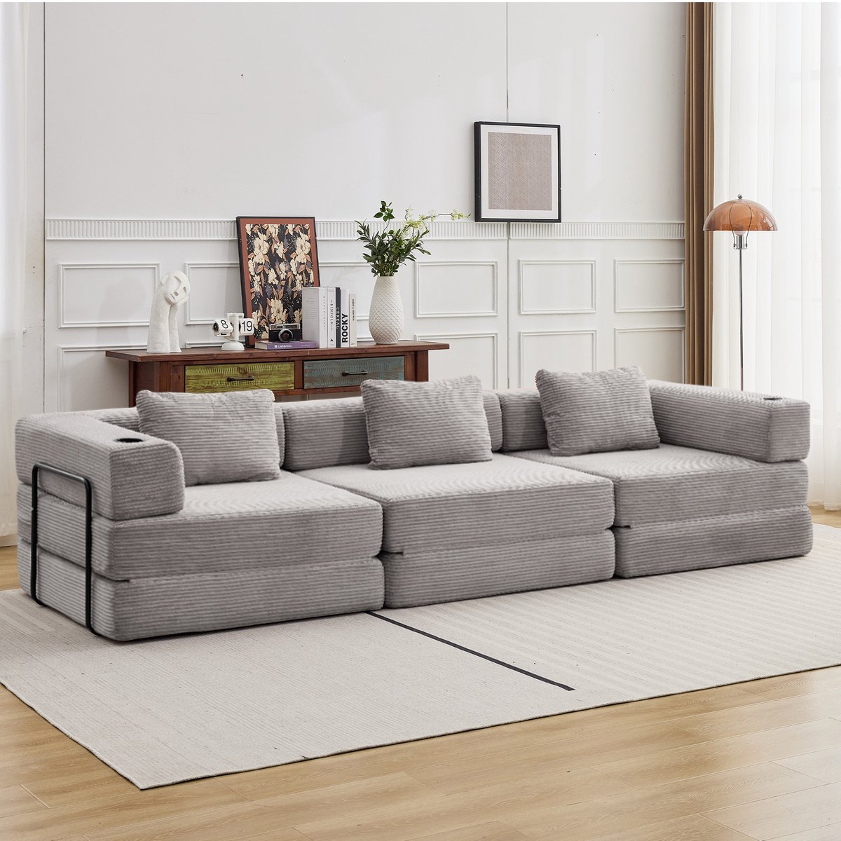 Multifunctionele Corduroy Slaapbank–Vaste Framebank- Opvouwbaar met 2 Kussens en Armleuningen–Comfortabel 3-in-1 Ontwerp–Geschikt voor 3 Personen–Te Gebruiken als Bank, Ligstoel en Logeerbed –Ideaal voor Appartementen of Kleine Ruimtes–Lichtgrijs