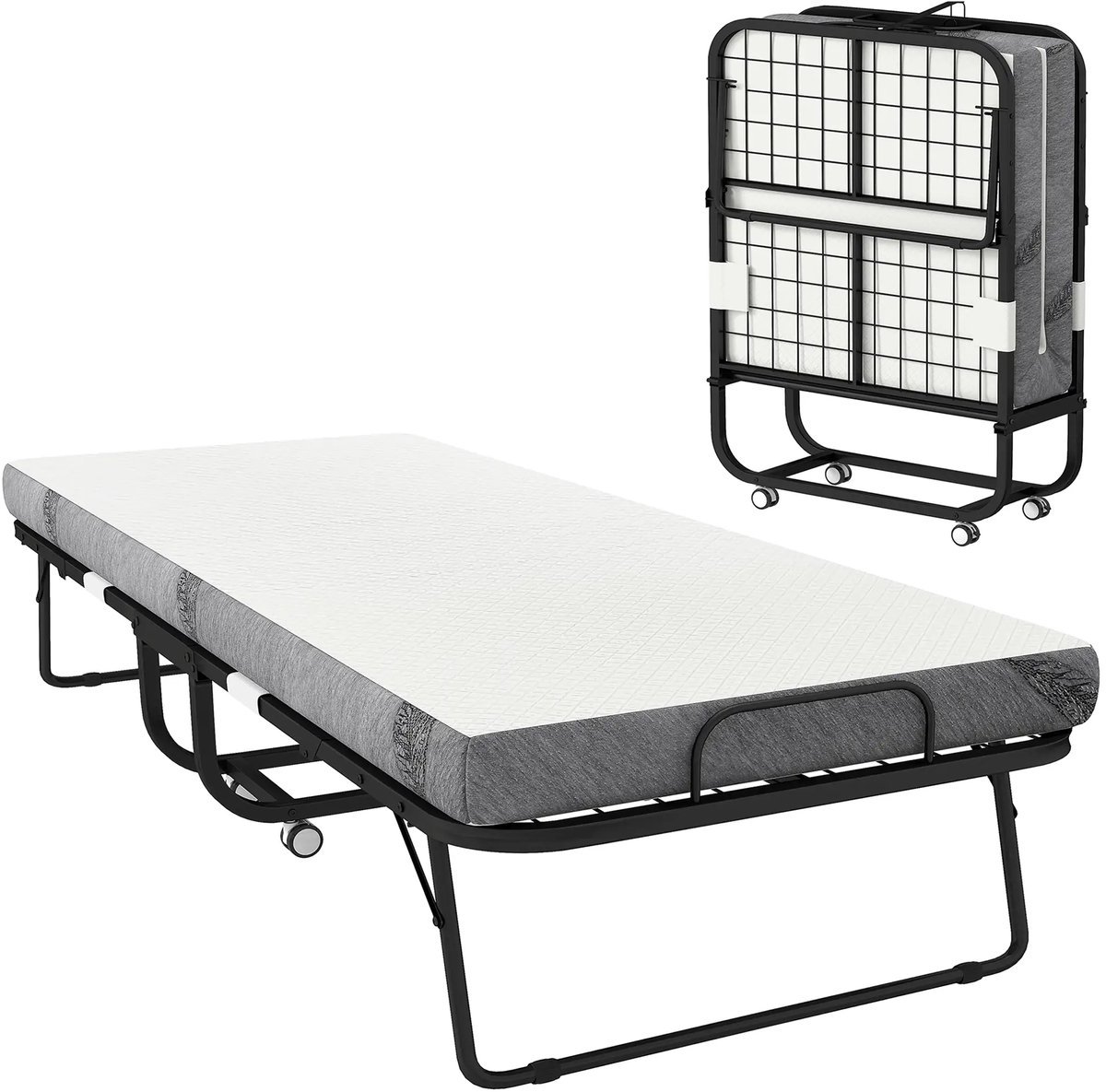 Vouwbed - Opklapbed - Logeerbed - Zetelbed - Logeermatras - 1 persoons - Metalen frame - Wit