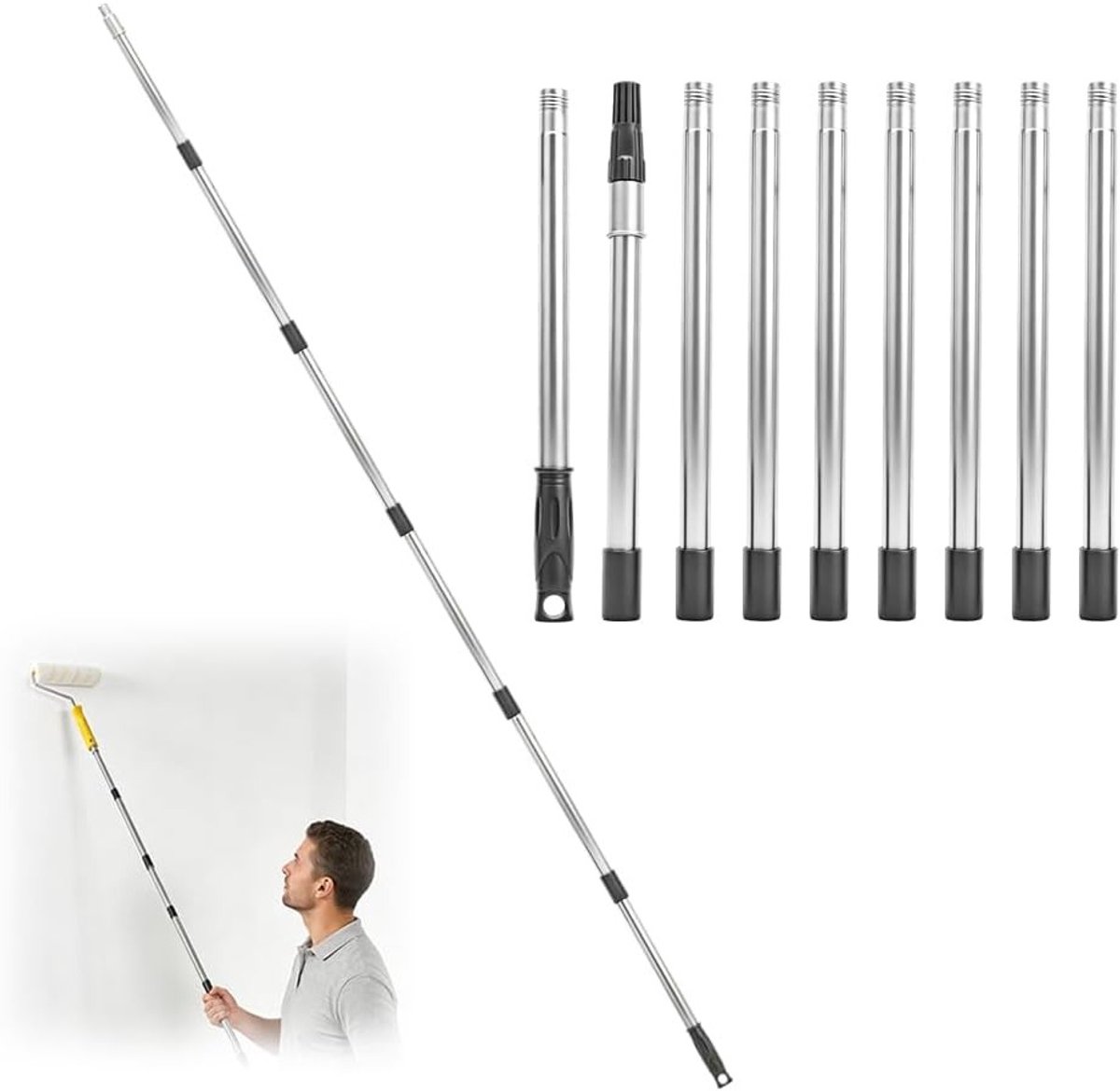 Verstelbare telescopische steel van 3.6 meter voor schilderen, ramen reinigen en dakgoten, inclusief conische adapter en spiraal draad