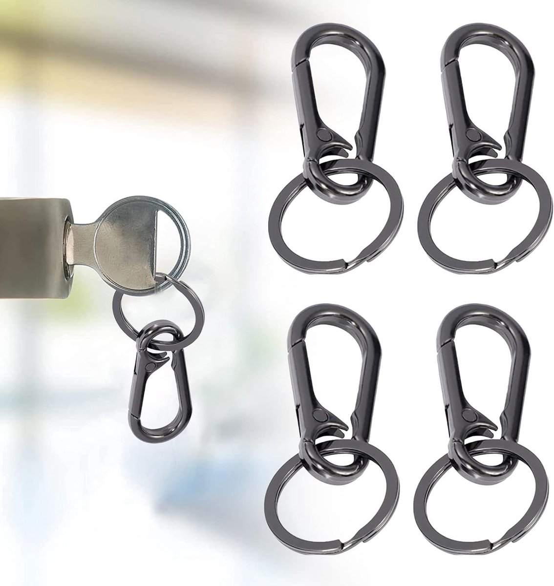 Set van 4 Zwarte Metalen Carabiner Haken voor Sleutelhangers, Sleutelringen en Outdoor Gebruik