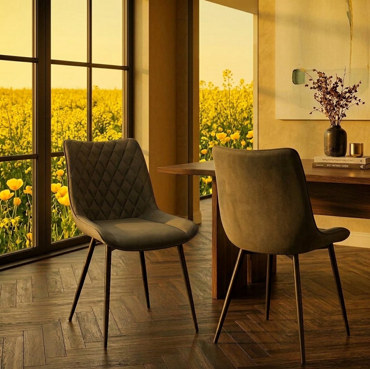 Luxe Velvet Eetkamerstoelen Set van 2 – Ergonomische Gestoffeerde Design Stoelen met Rugleuning en Metalen Poten voor Keuken, Eetkamer en Woonkamer – Donkergrijs