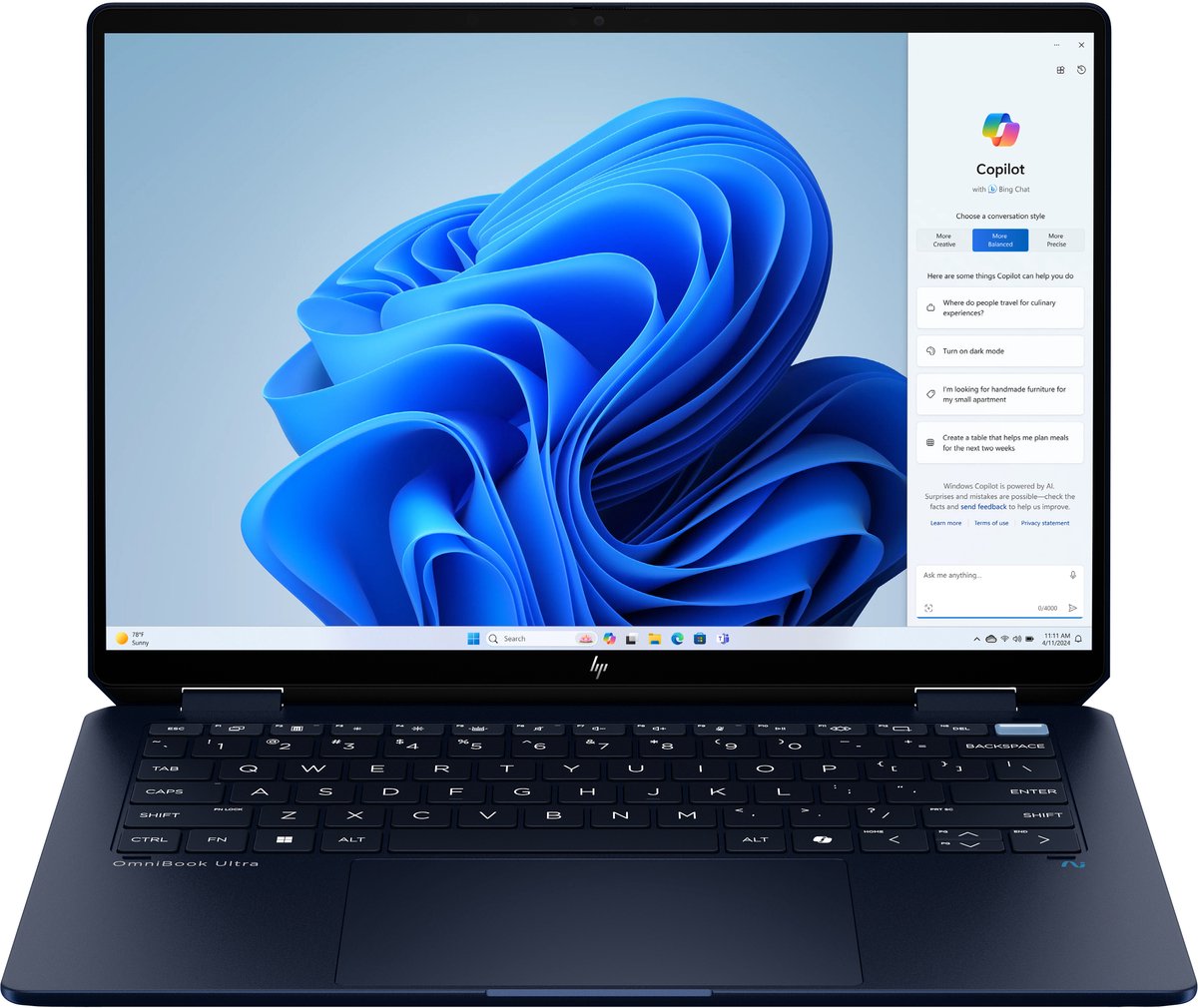 HP OmniBook Ultra Flip 14-fh0020nb Copilot+ PC Intel Core Ultra 7 256V Hybride (2-in-1) 35,6 cm (14") Touchscreen 3K 16 GB LPDDR5x-SDRAM 1 TB SSD Wi-Fi 7 (802.11be) Windows 11 Home Blauw