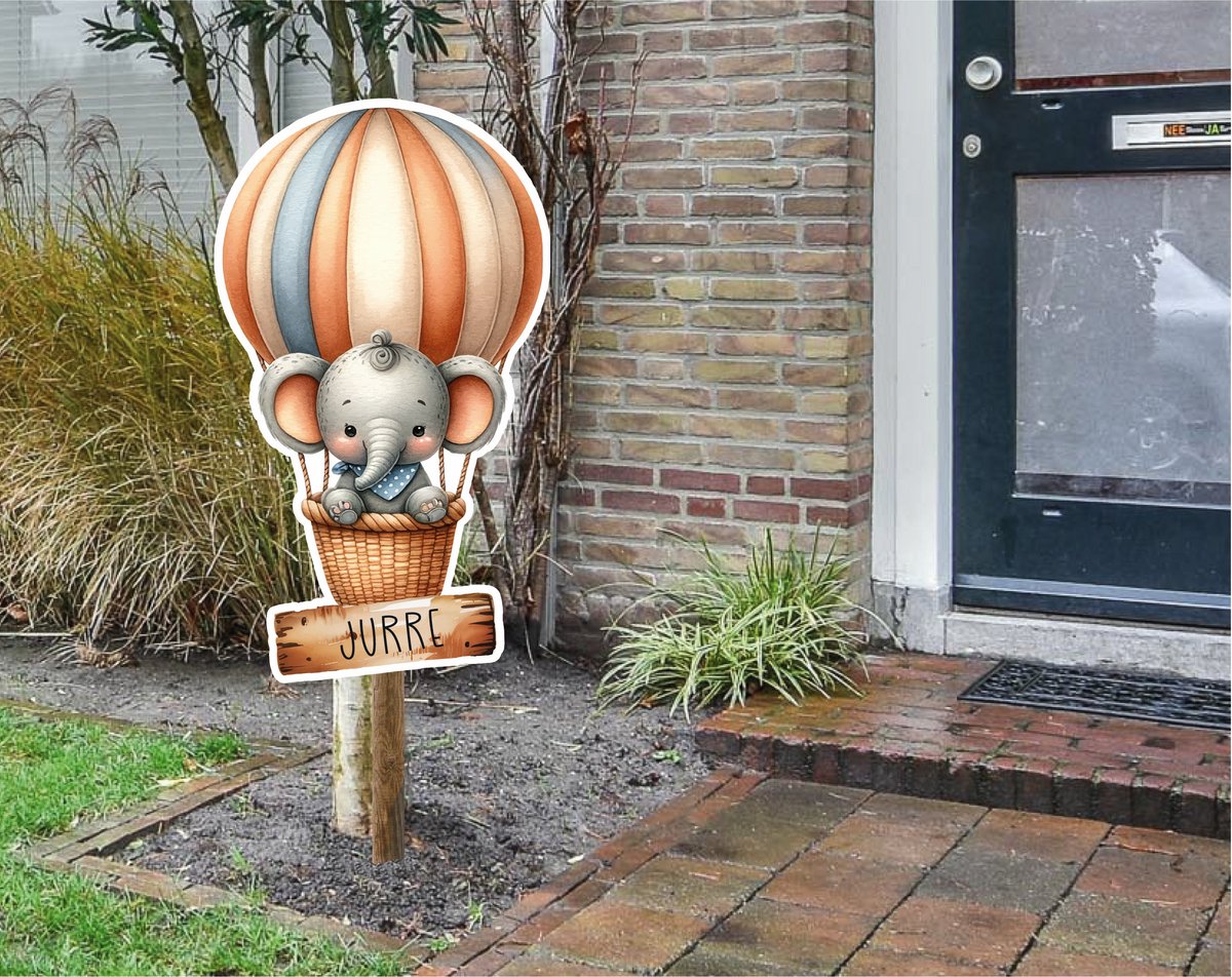 StudioJitske raamsticker | raambord | geboortebord 50cm geboorte aankondiging Olifant in luchtballon