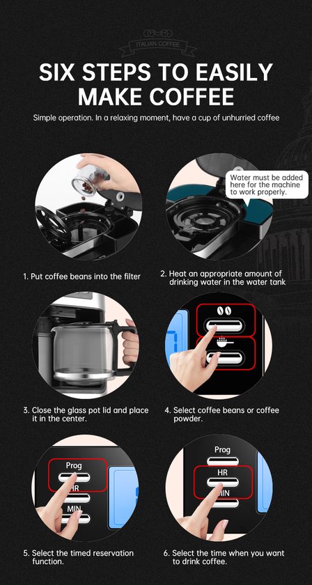 Instructies voor het zetten van koffie: 1. Koffiebonen in filter doen. 2. Water toevoegen. 3. Glazen pot sluiten. 4. Koffiepoeder of bonen selecteren. 5. Timer instellen. 6. Tijd selecteren.
